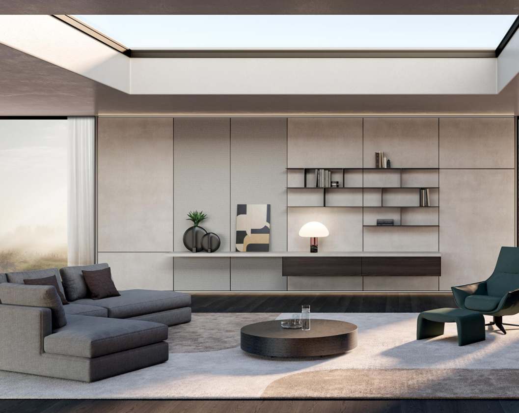 Living room wall unit under a skylight